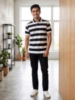 Black and White Striped Polo Shirt